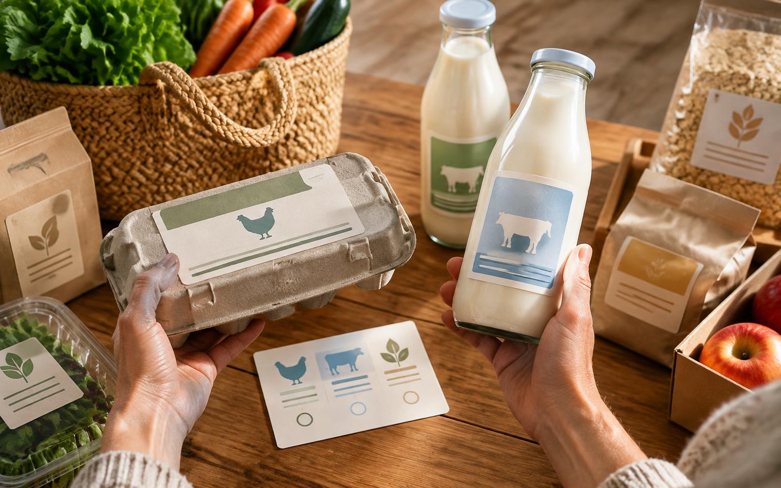 A shopper comparing eggs and milk using illustrated food labels