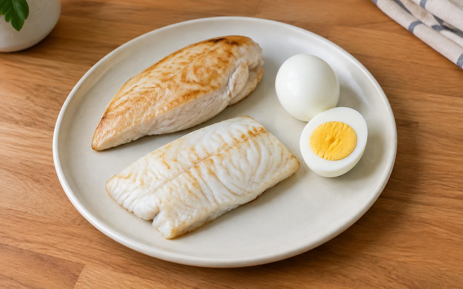 Plain cooked meat, white fish and egg on a plate