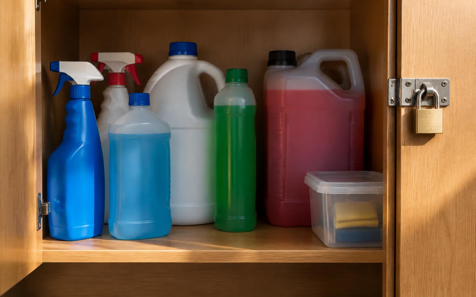 Cleaning chemicals and antifreeze stored in a locked cupboard