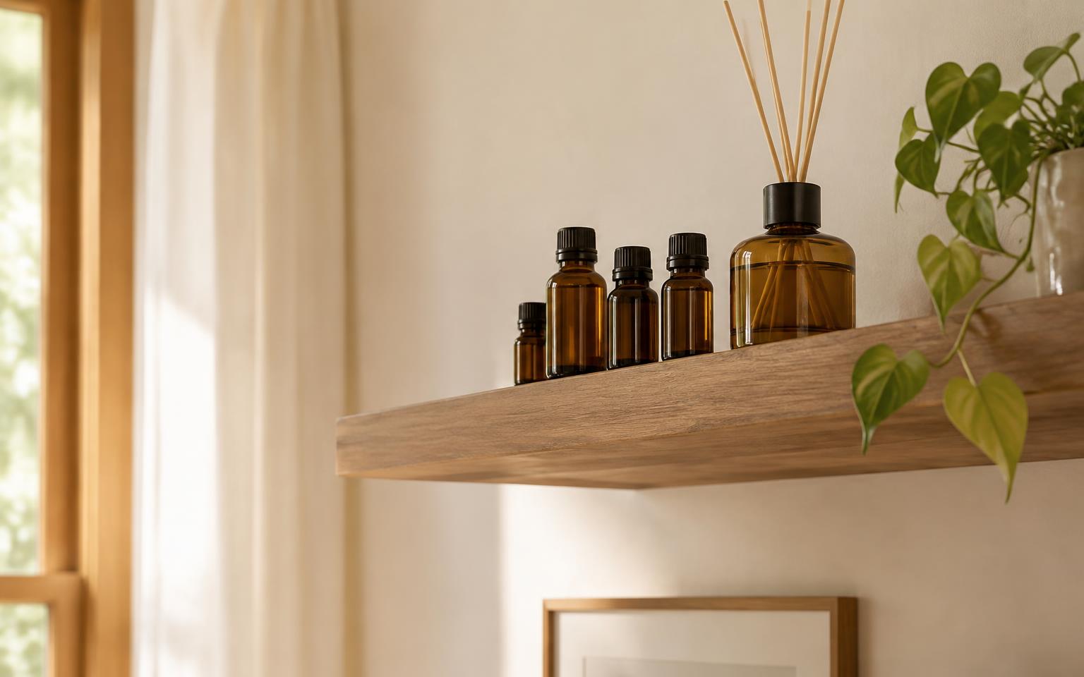 Essential oil bottles and a reed diffuser placed out of reach