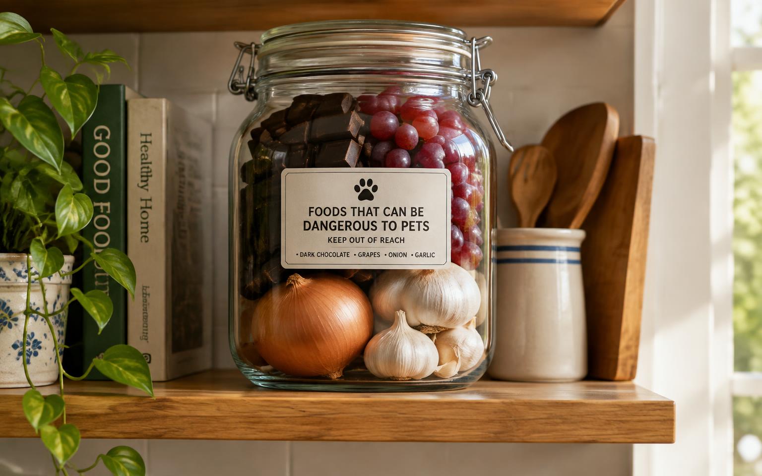 Foods dangerous to pets stored in a sealed jar out of reach