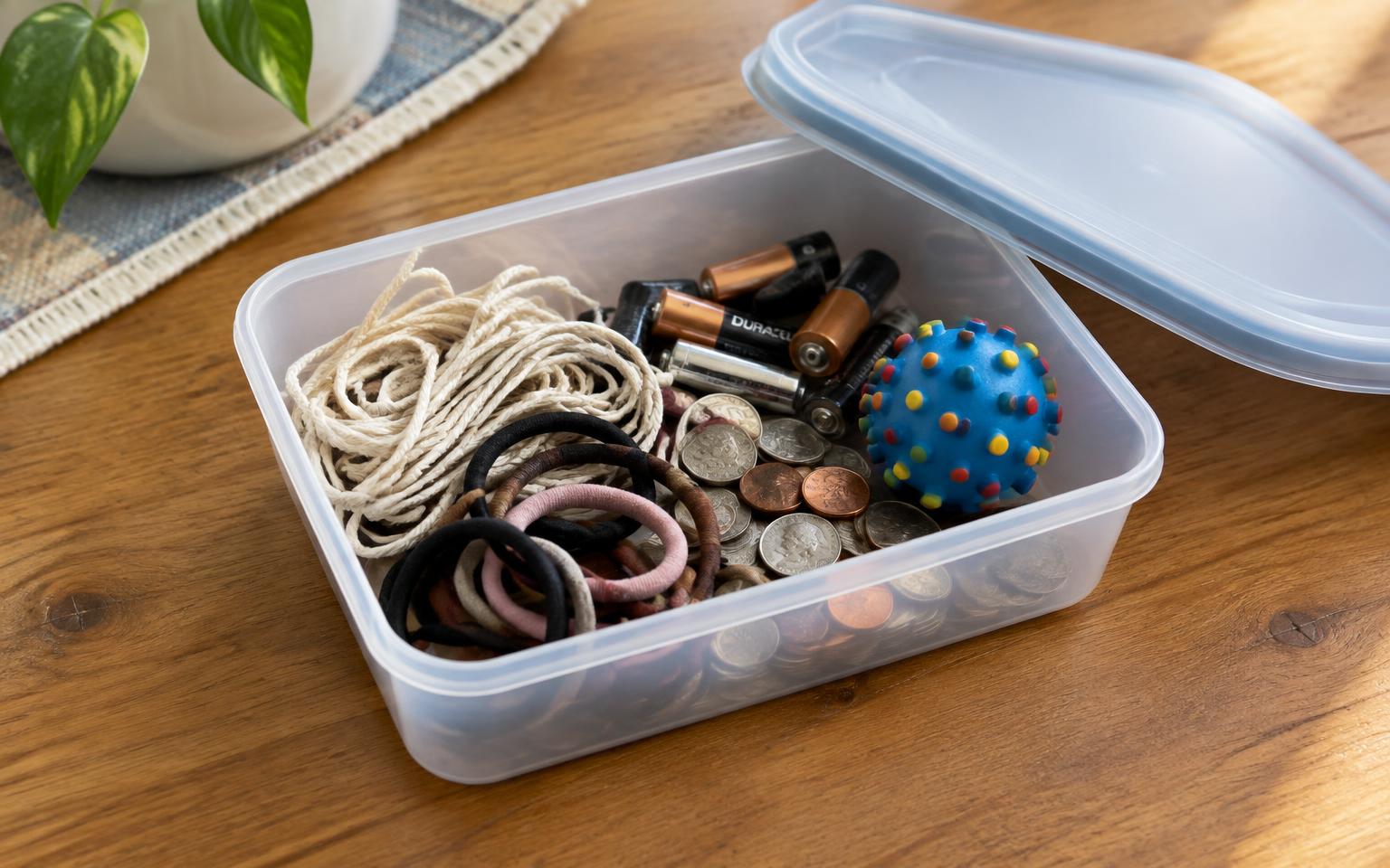 String, hair ties, coins, batteries and a small ball stored in a lidded box