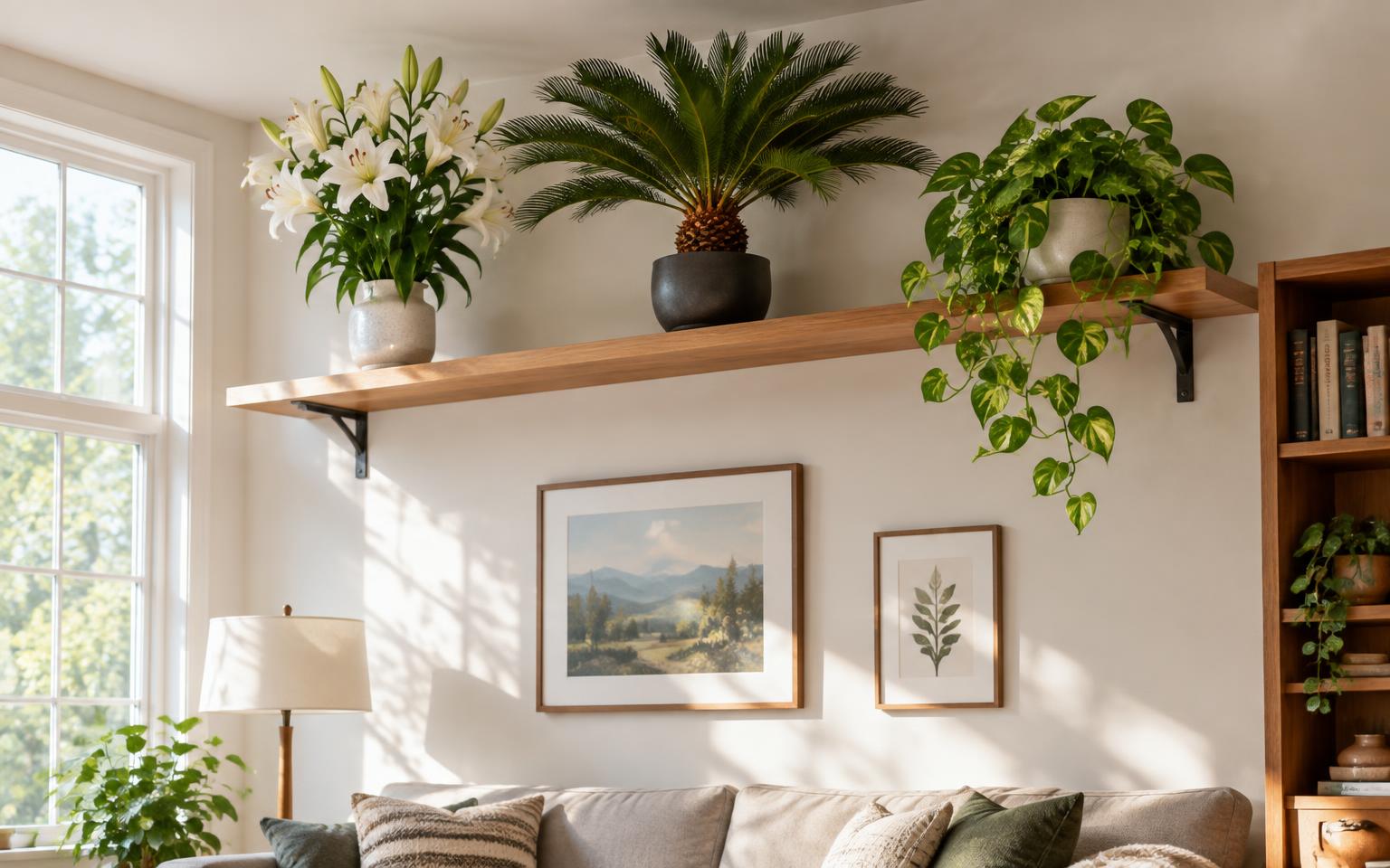 Lilies, sago palm and pothos kept on a high shelf away from pets