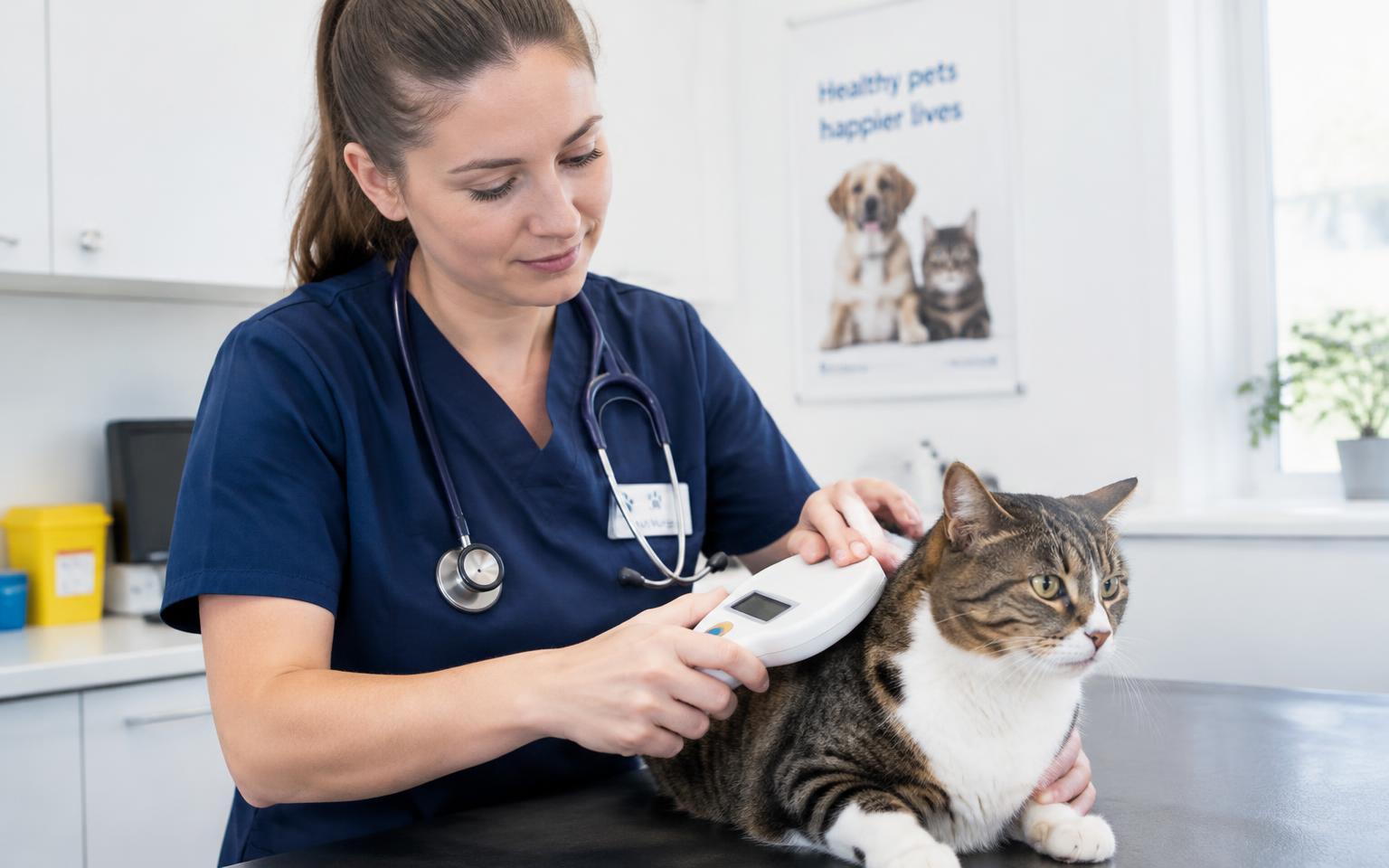 Veterinary nurse scanning a cat with a handheld microchip reader