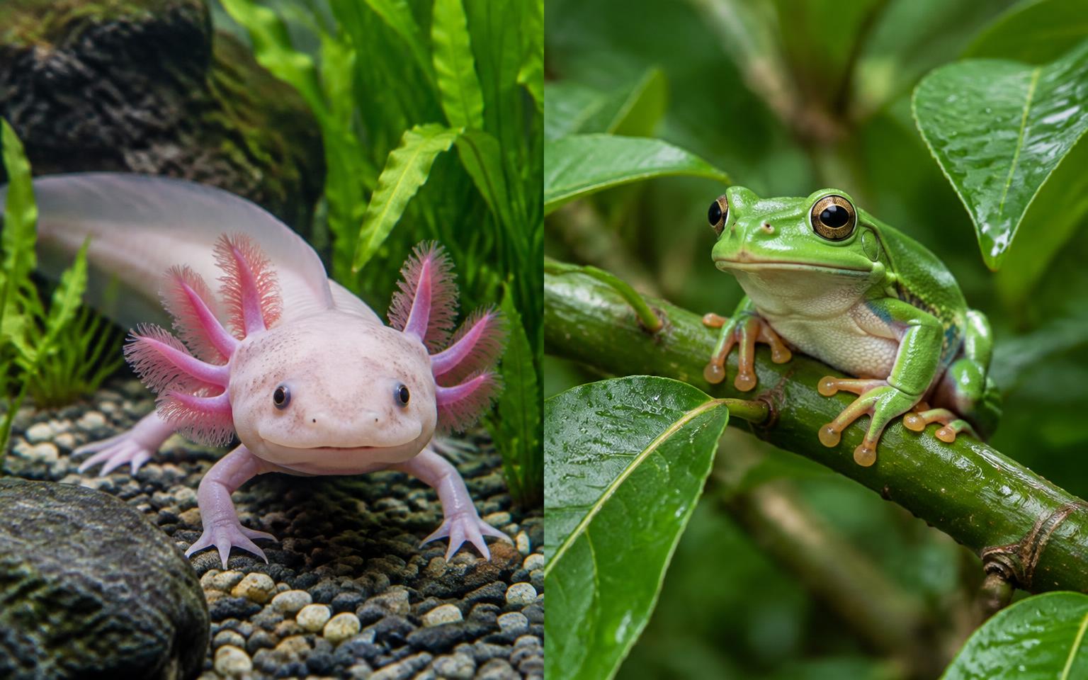 Axolotl in a planted aquarium and tree frog on a leafy branch