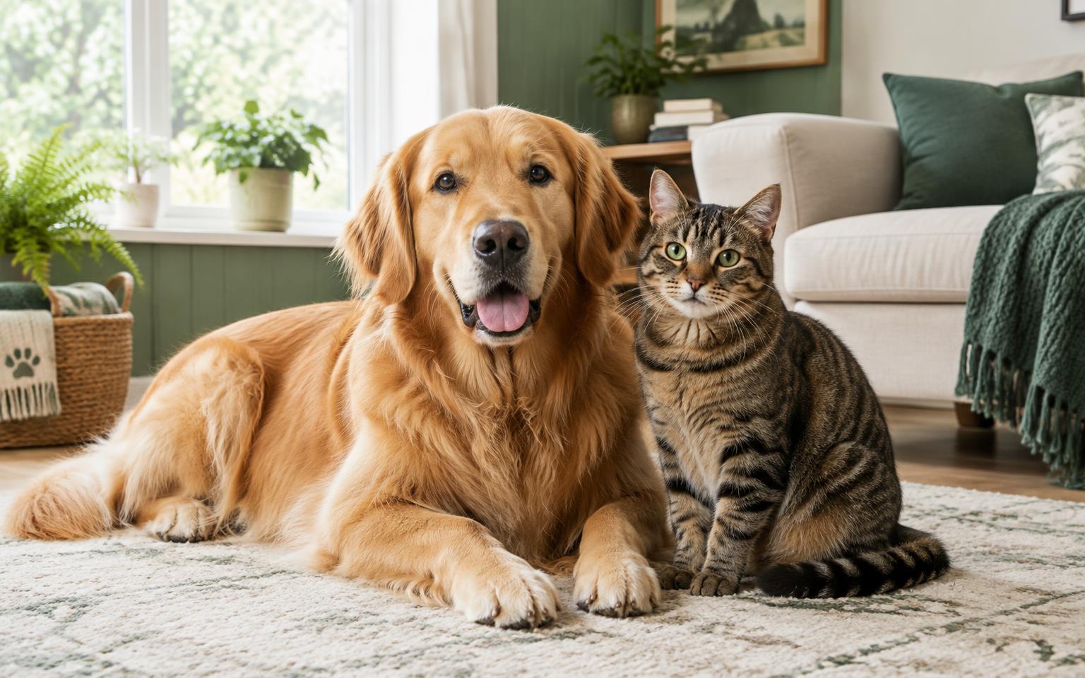 Golden retriever resting beside a tabby cat in a bright home