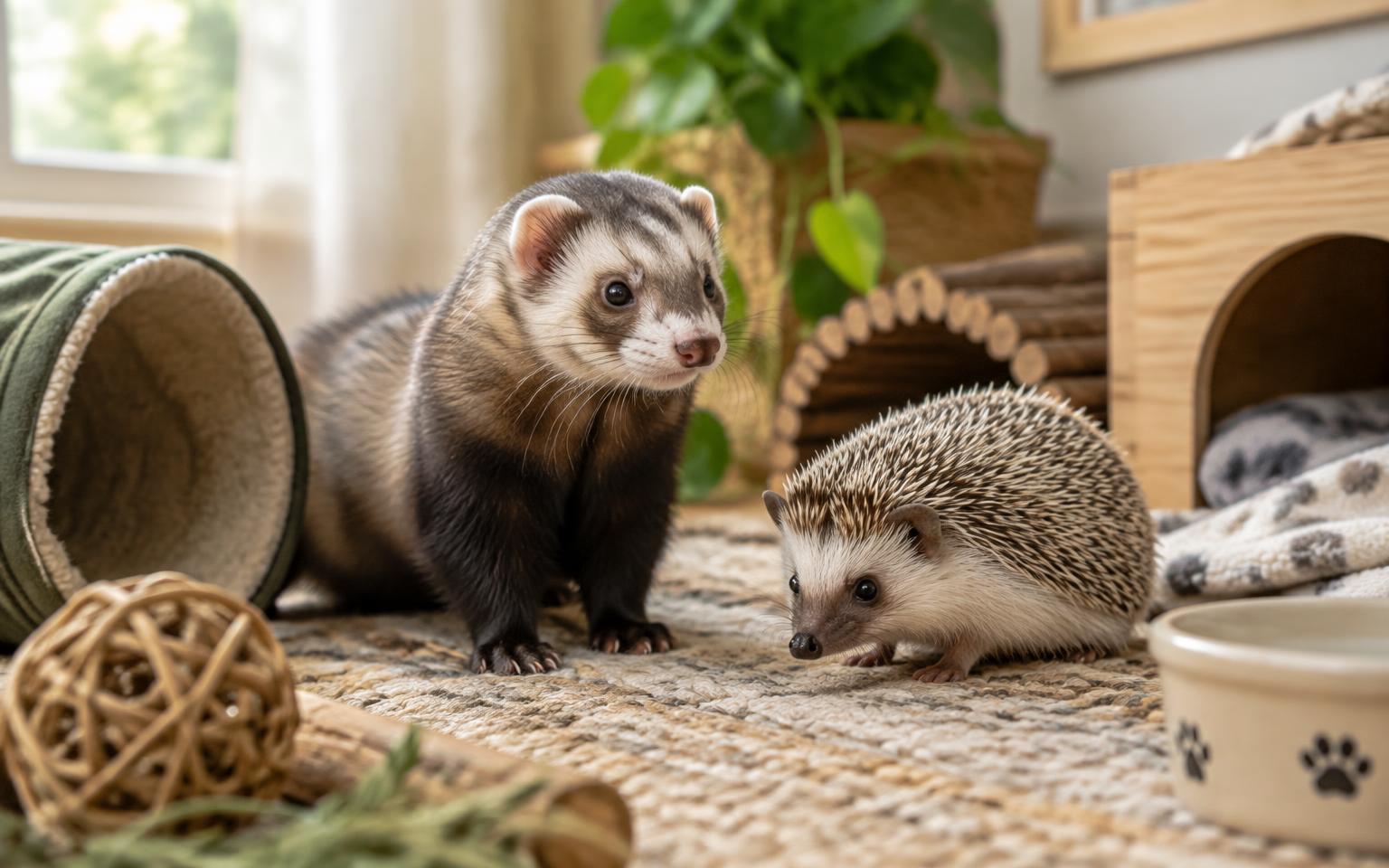 Ferret and African pygmy hedgehog in an enriched home habitat