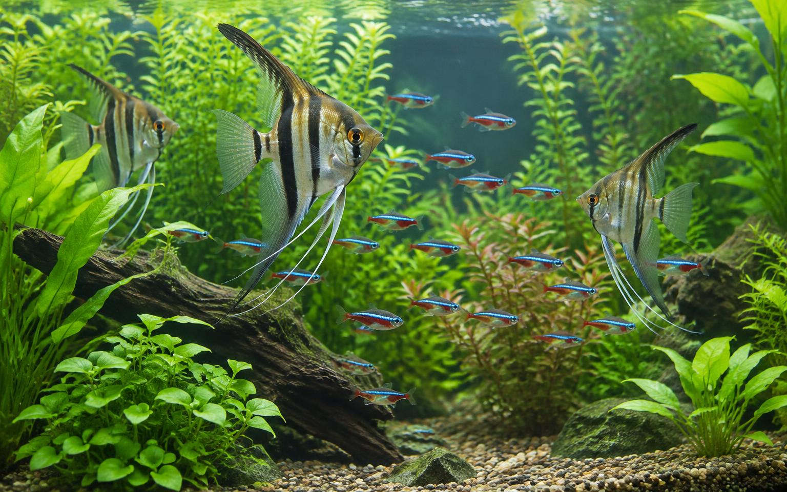 Angelfish and schooling tetras in a planted freshwater aquarium