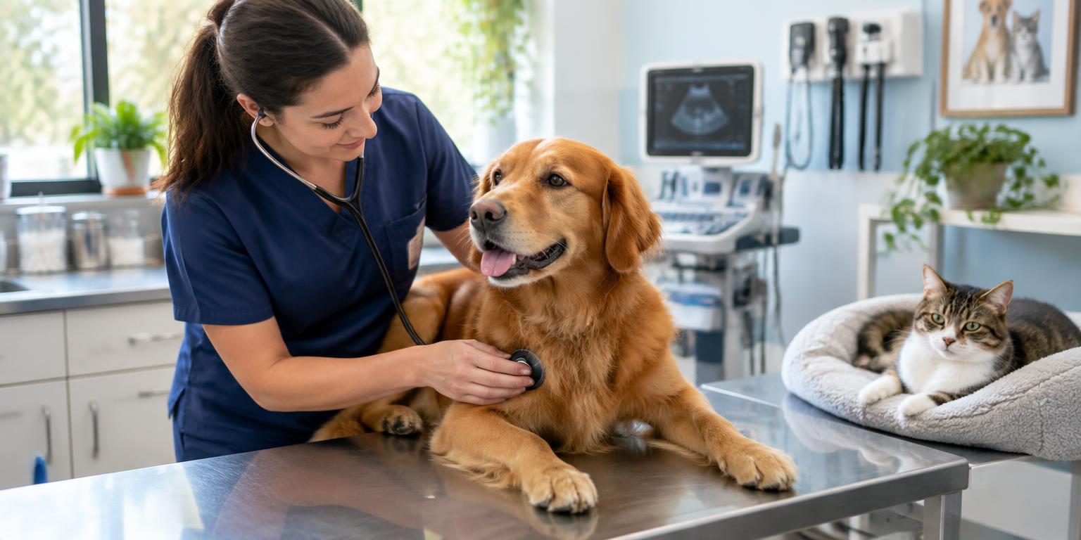 Veterinarian gently examining a dog in a bright clinic