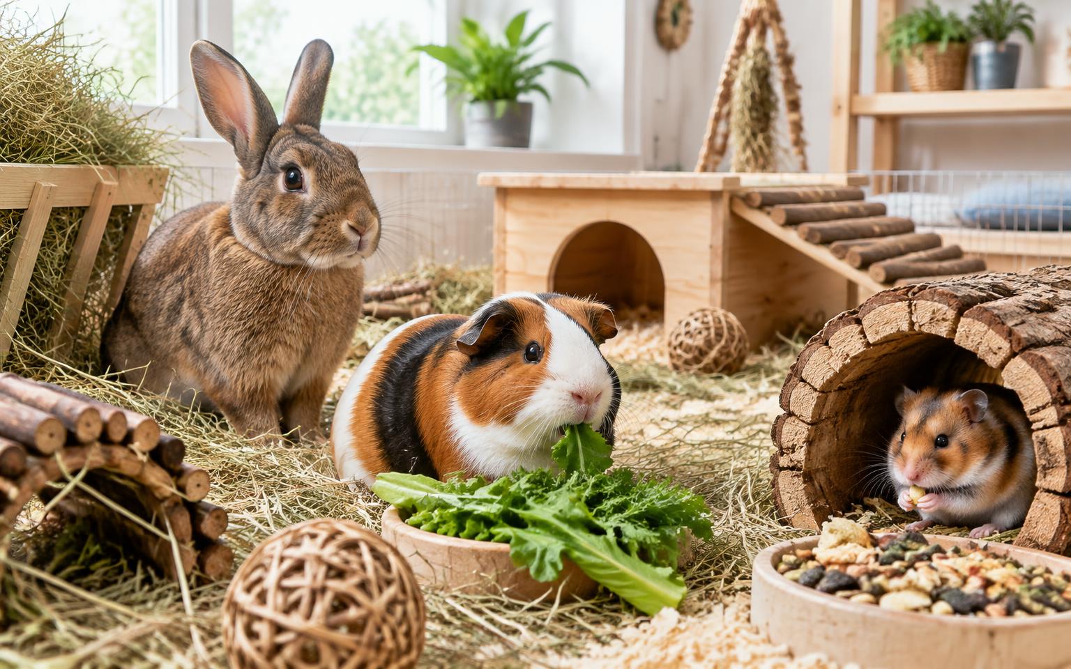 Rabbit, guinea pig and hamster in enriched indoor housing