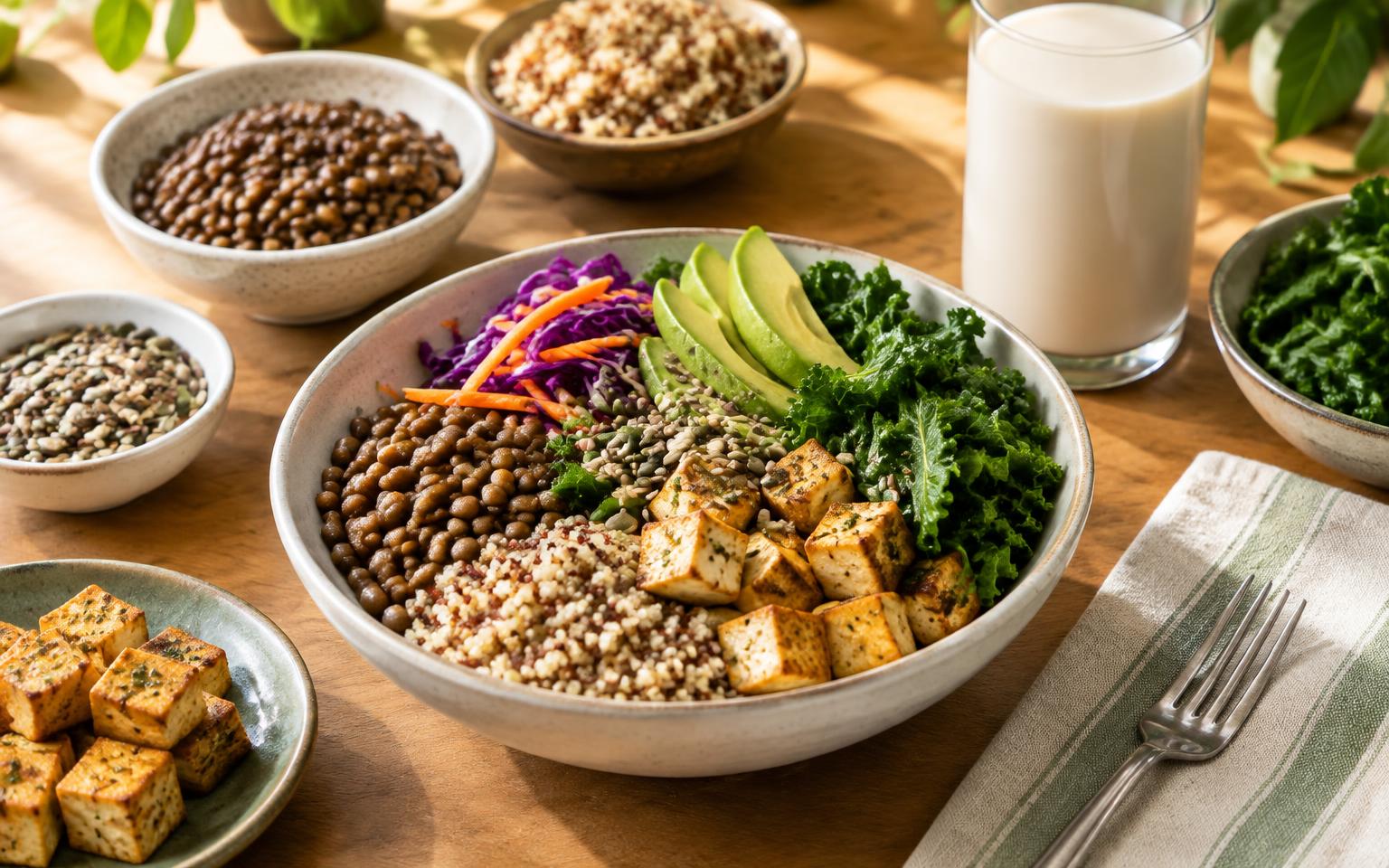 A balanced meal of lentils, grains, tofu, greens, seeds and avocado