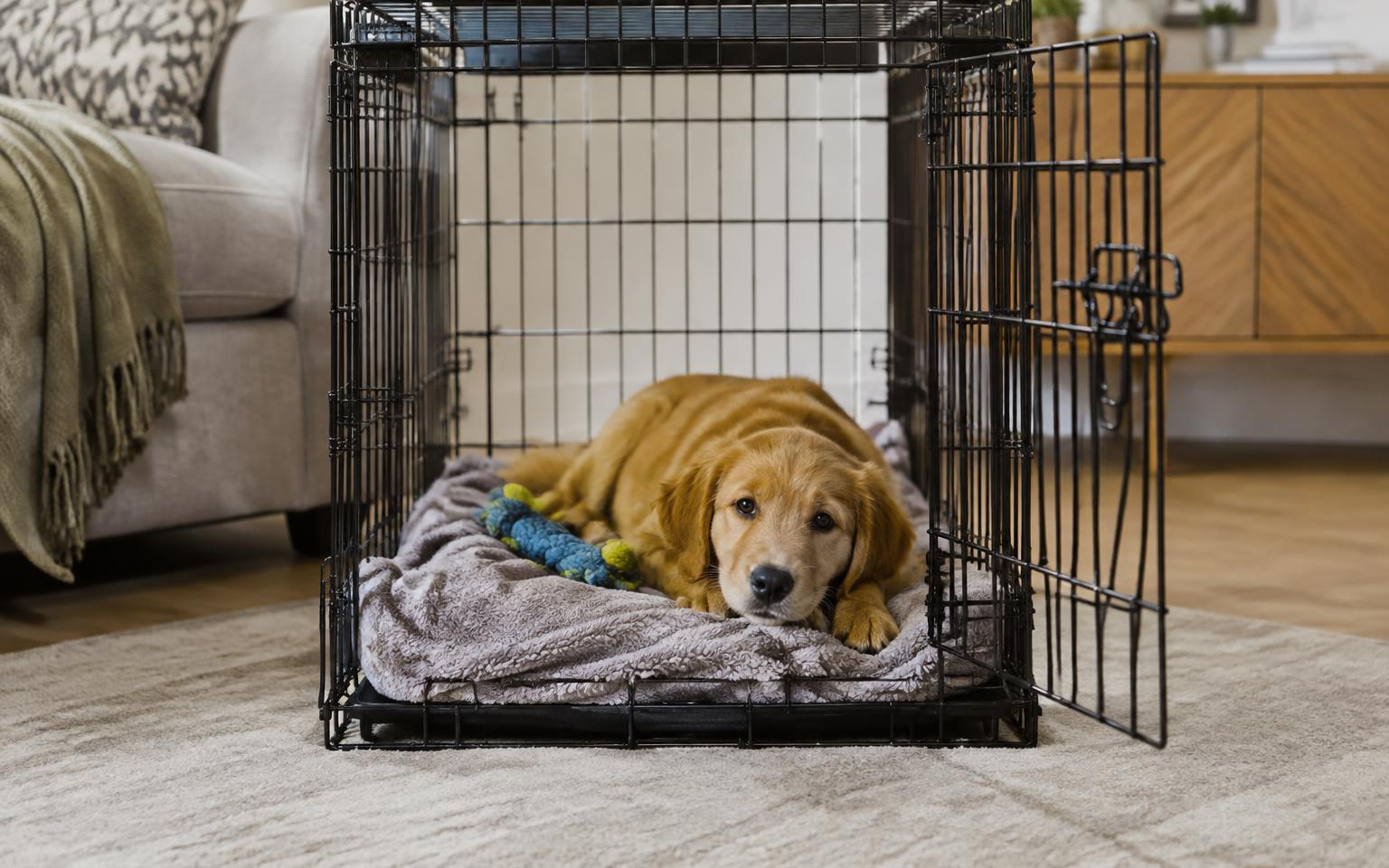 Puppy resting on a blanket inside an open-door crate