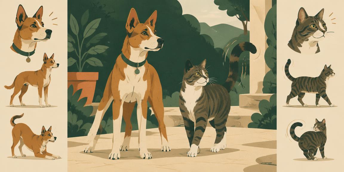 Illustration of a dog and a cat showing different body-language postures