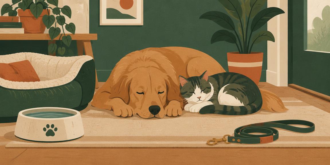 Illustration of a dog and cat resting at home beside a water bowl and lead