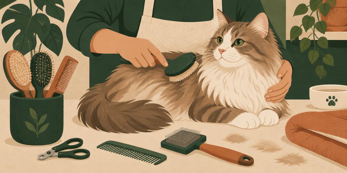 Illustration of a long-haired cat being brushed beside grooming combs and clippers