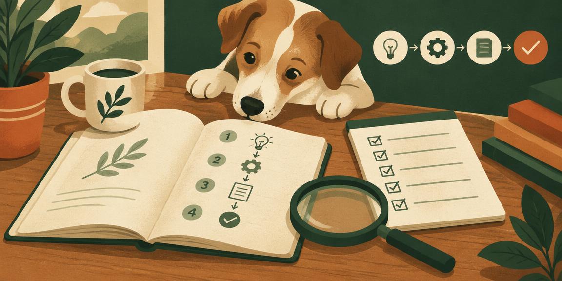 Illustration of an open notebook and checklist with a curious dog looking on