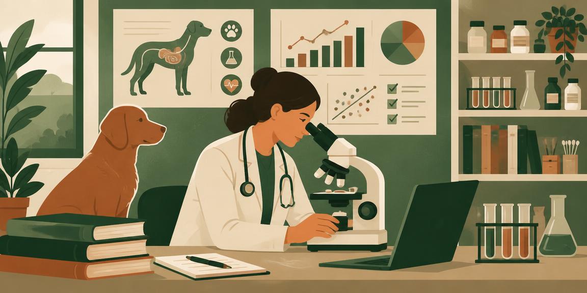 Illustration of a researcher at a microscope with veterinary charts and a dog nearby