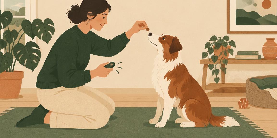 Illustration of a person rewarding an attentive dog with a treat and clicker