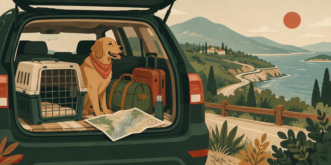 Illustration of a dog in a car boot with a travel crate, luggage and a map