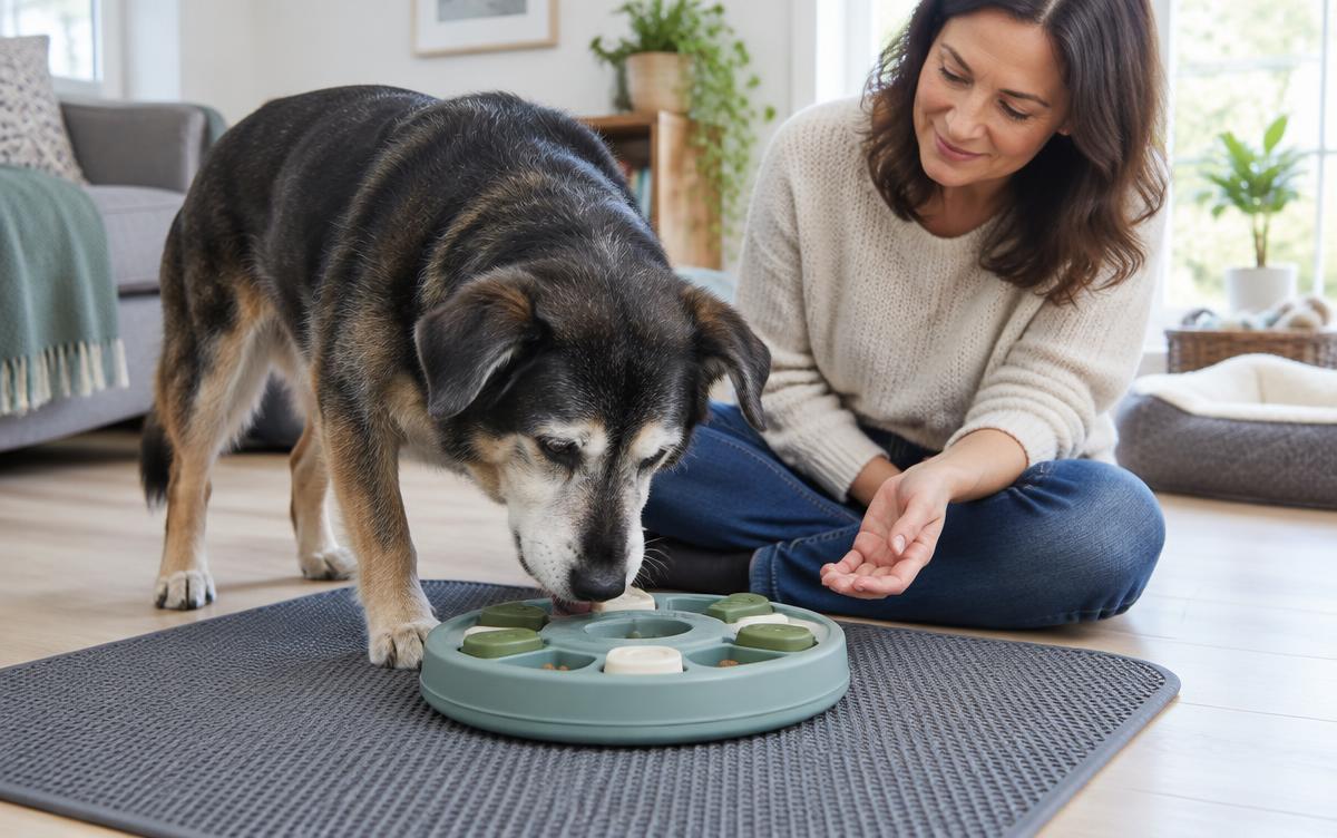 Grey-muzzled dog using an easy food puzzle on a non-slip mat