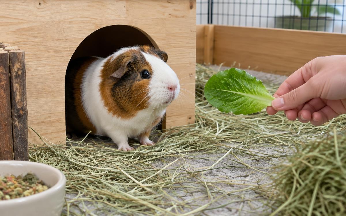 Guinea pig offered a leaf at the entrance to its hide