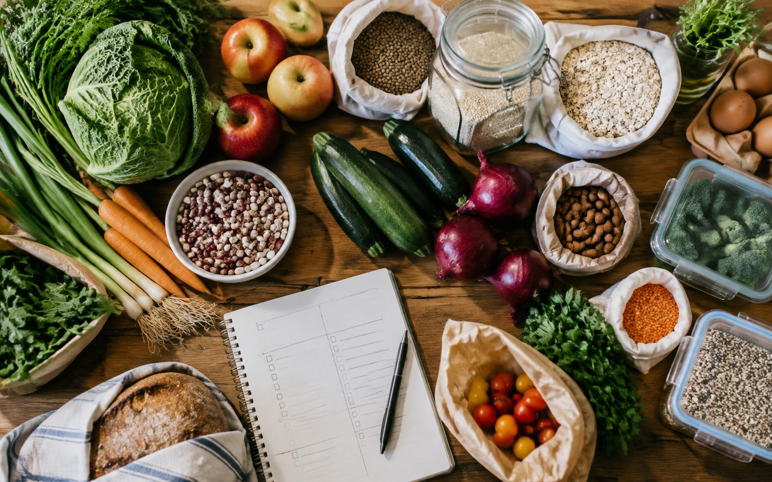 Seasonal vegetables, grains and pulses beside a weekly meal plan