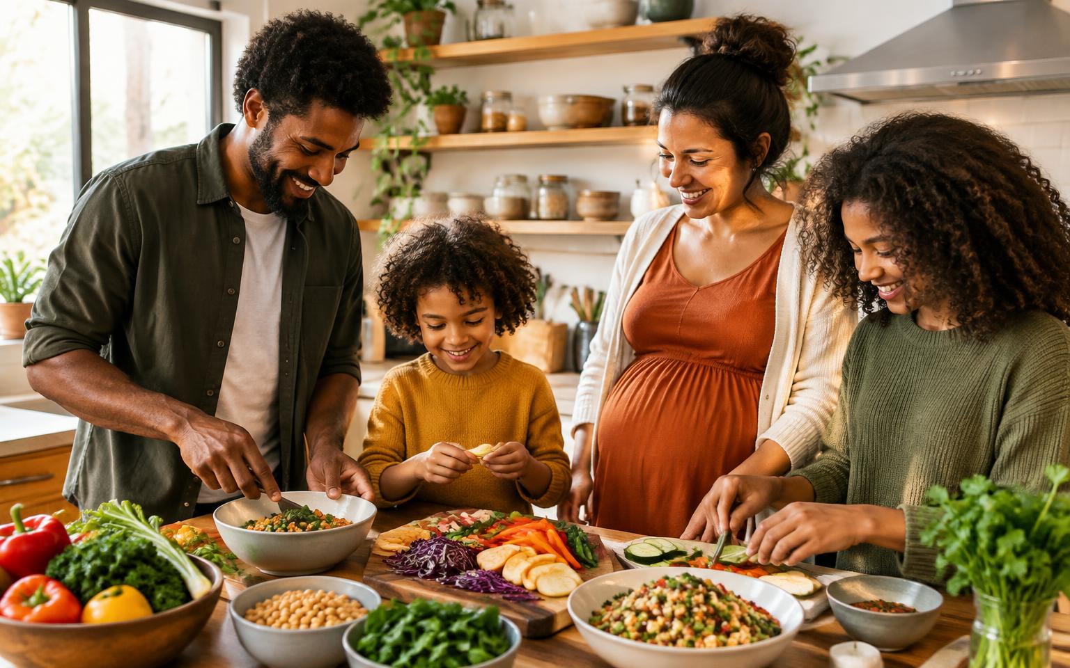 A family preparing a varied plant-based meal together