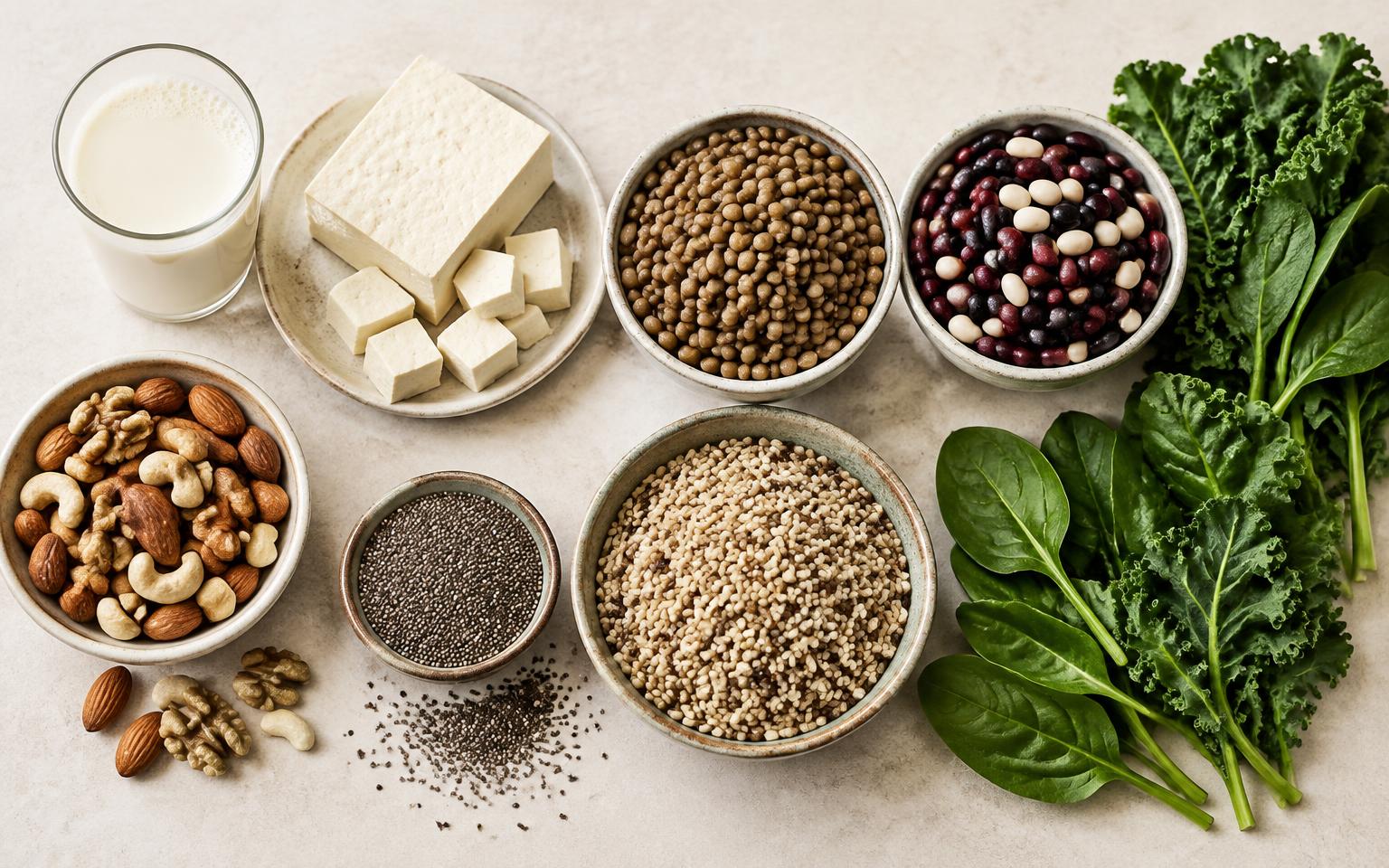 Fortified plant drink, tofu, pulses, nuts, seeds and leafy greens