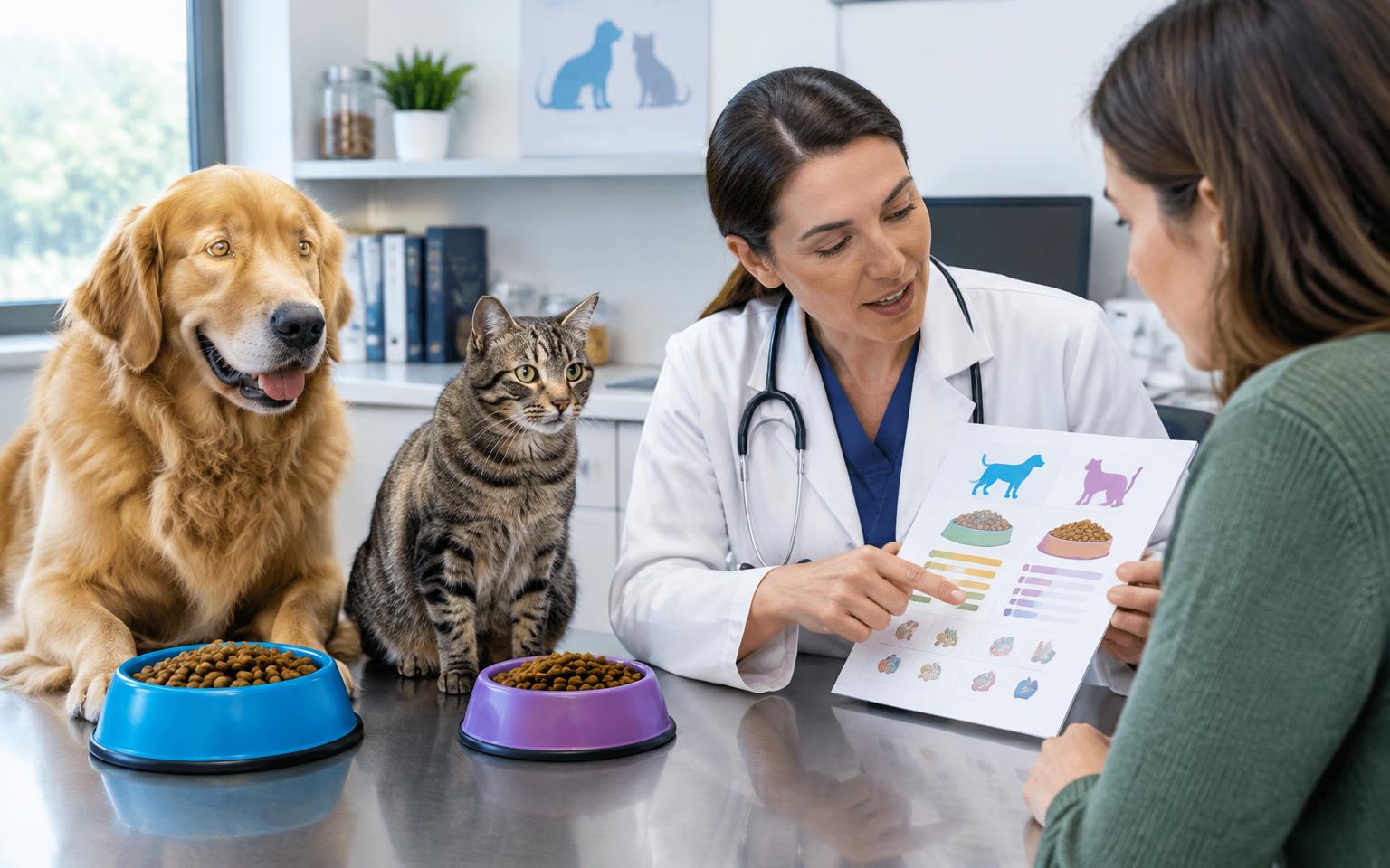 A veterinarian discussing dog and cat nutrition with a pet owner