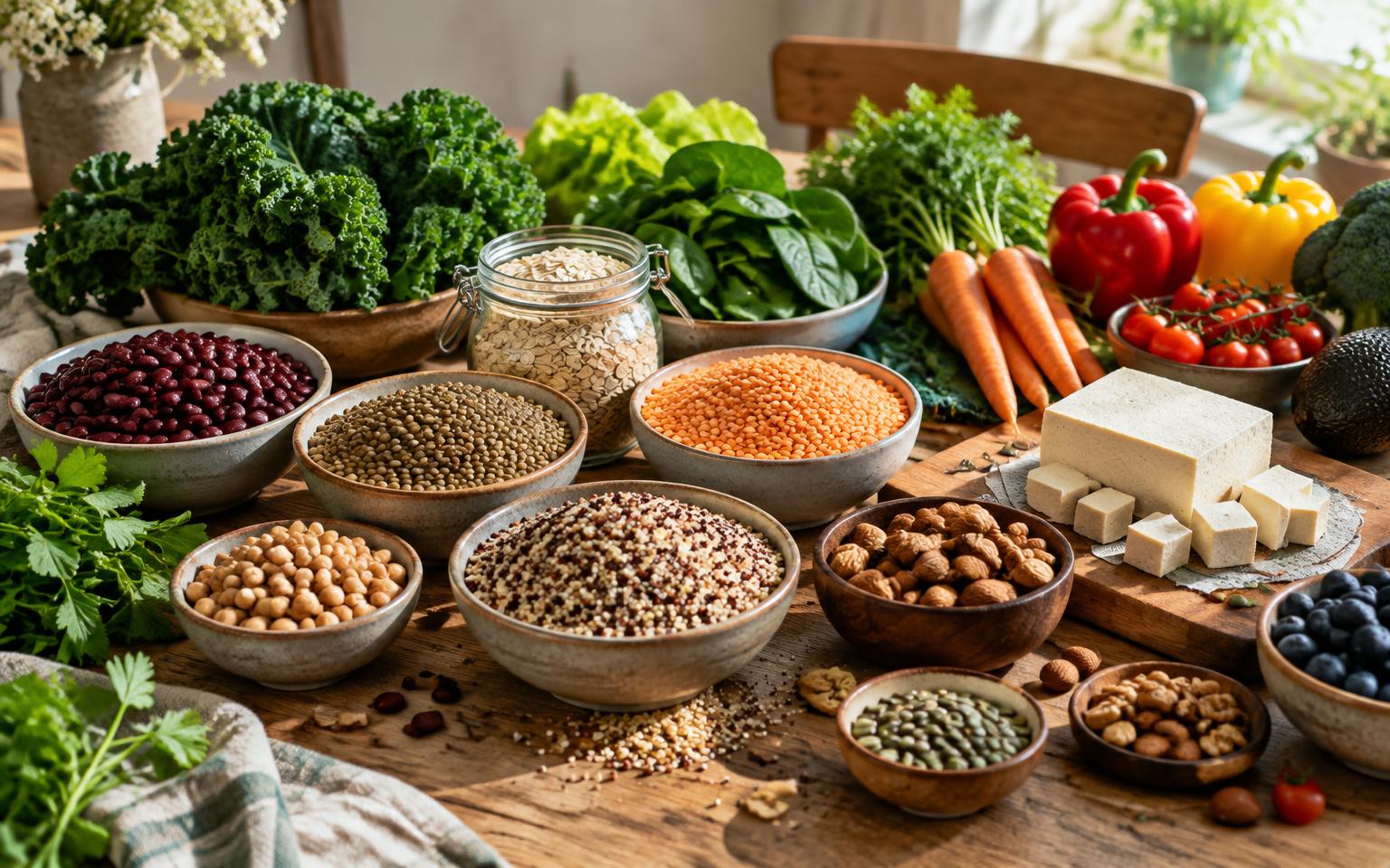 Beans, lentils, tofu, grains, nuts and vegetables on a kitchen table